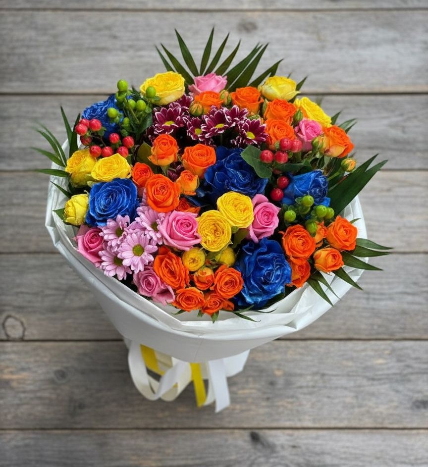 Букет цветов из: Розы и Хризантемы в Бородках