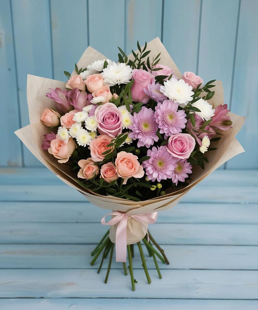 Букет цветов из: Хризантемы, Розы и Альстромерии в Бородках