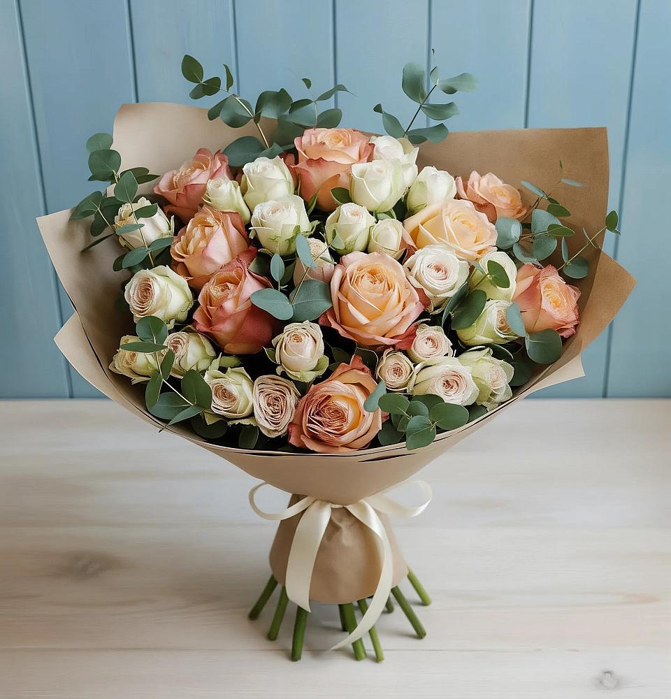 Букет цветов из: Альстромерии и Розы в Бородках