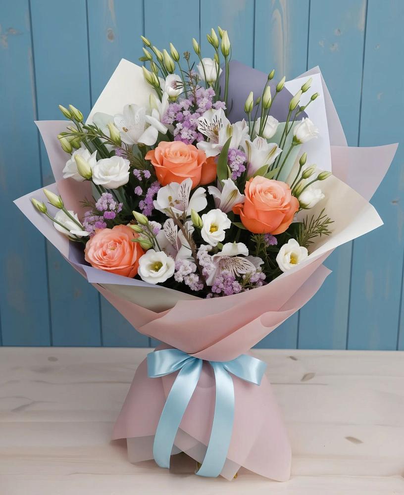 Букет цветов из: Лизиантусы, Розы, Альстромерии и Гипсофила в Бородках