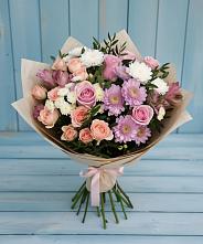 Букет цветов из:  Хризантемы, Розы и Альстромерии в Бородках