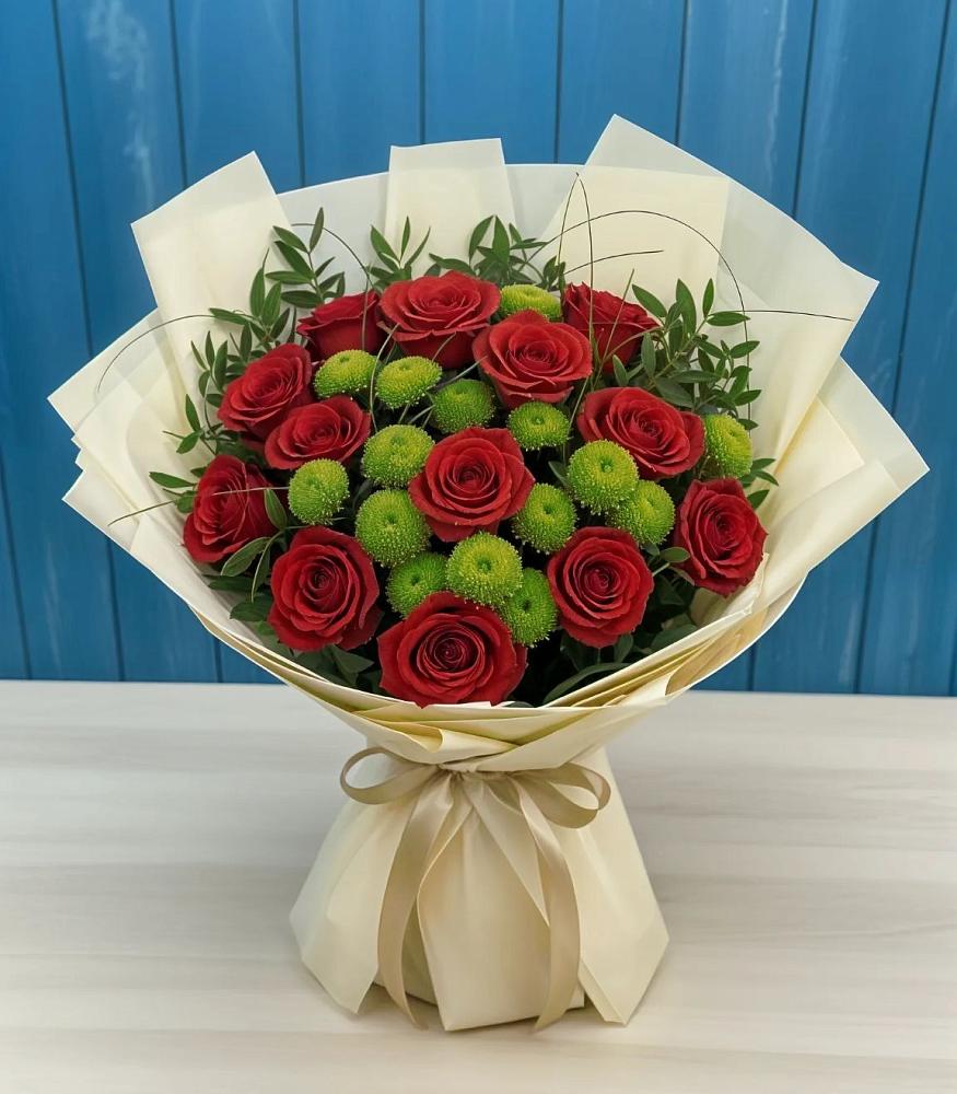 Букет цветов из: Розы и Хризантемы в Бородках