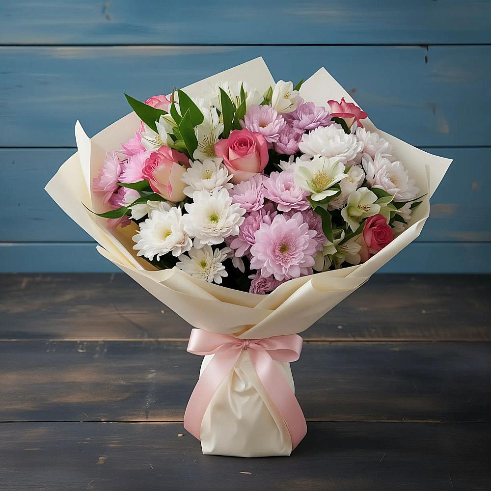 Букет цветов из: Хризантемы, Альстромерии и Розы в Бородках